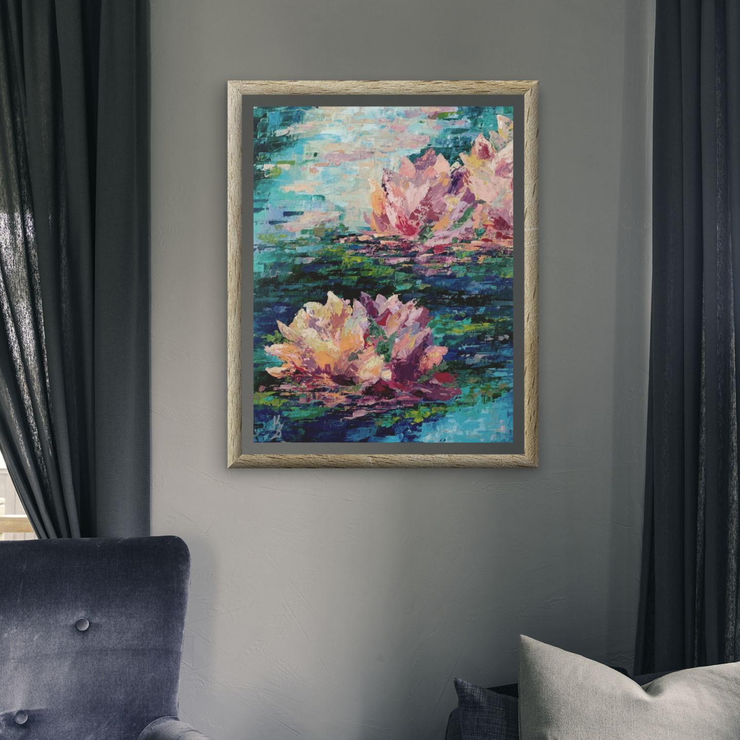 Lily pond. Cyan blue. Print