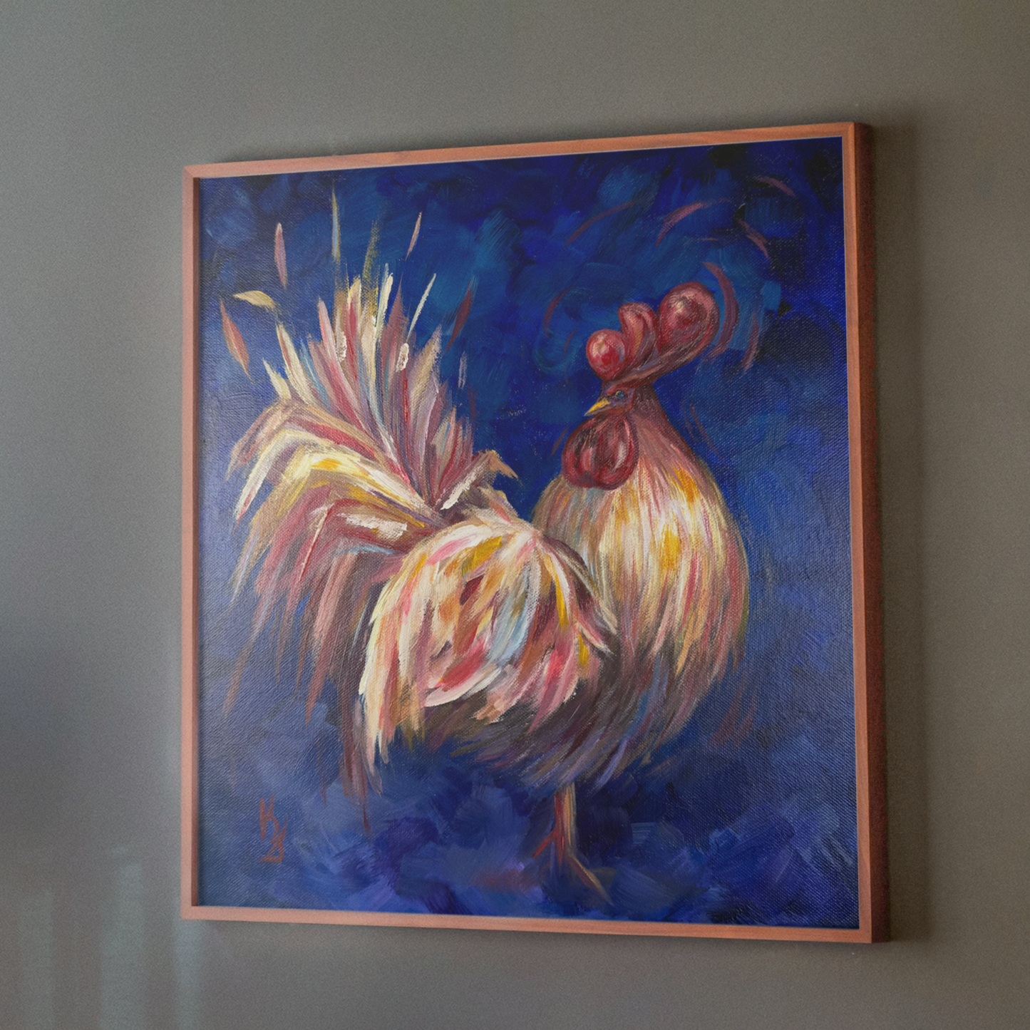 Rooster. Ultramarine. Optimistic Original Fine Art Print from original painting. Giclée Print.