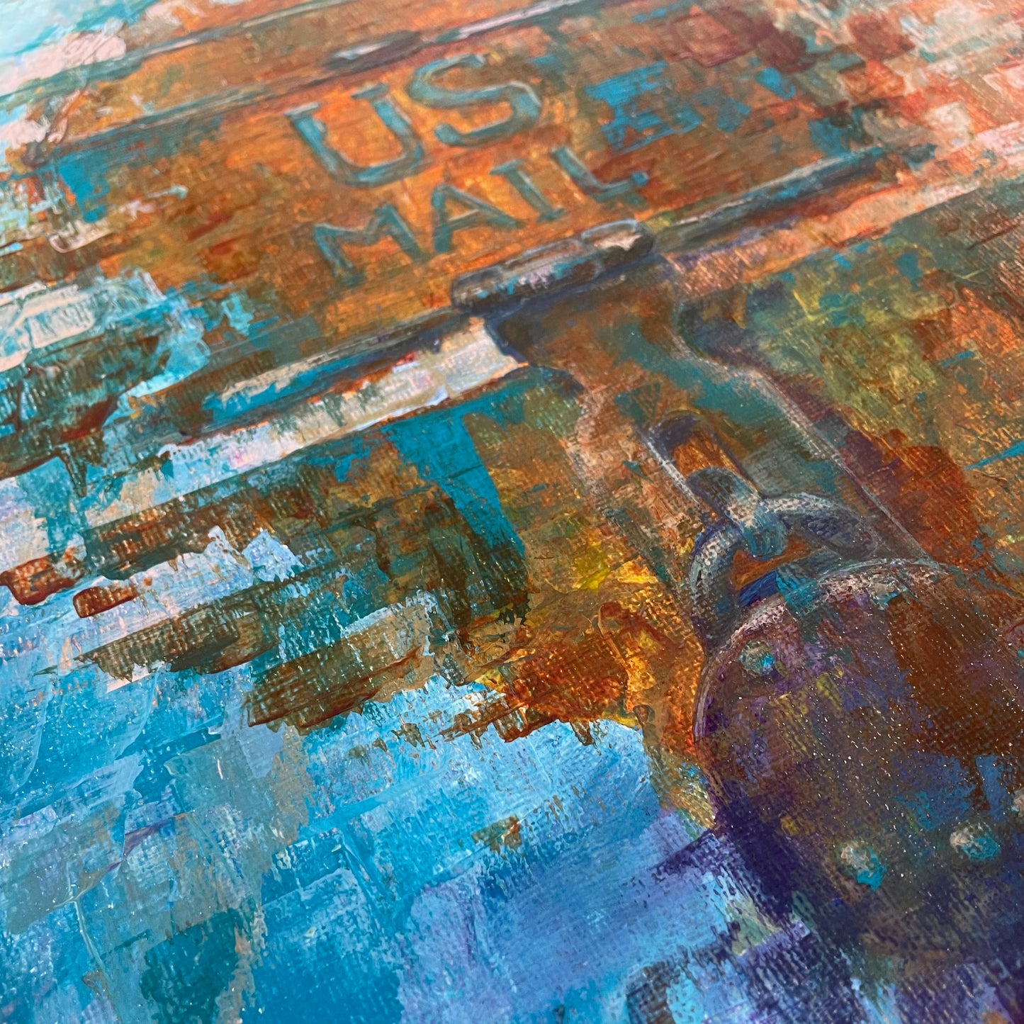 Mail. Rusty padlock. Print, framed