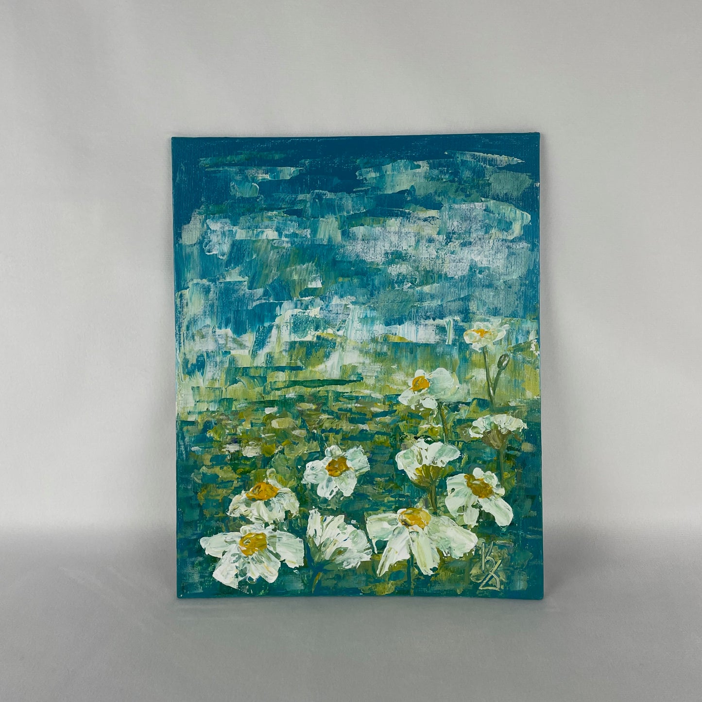 My painted garden. Daisies meadow... Optimistic original acrylic flowers landscape painting on canvas