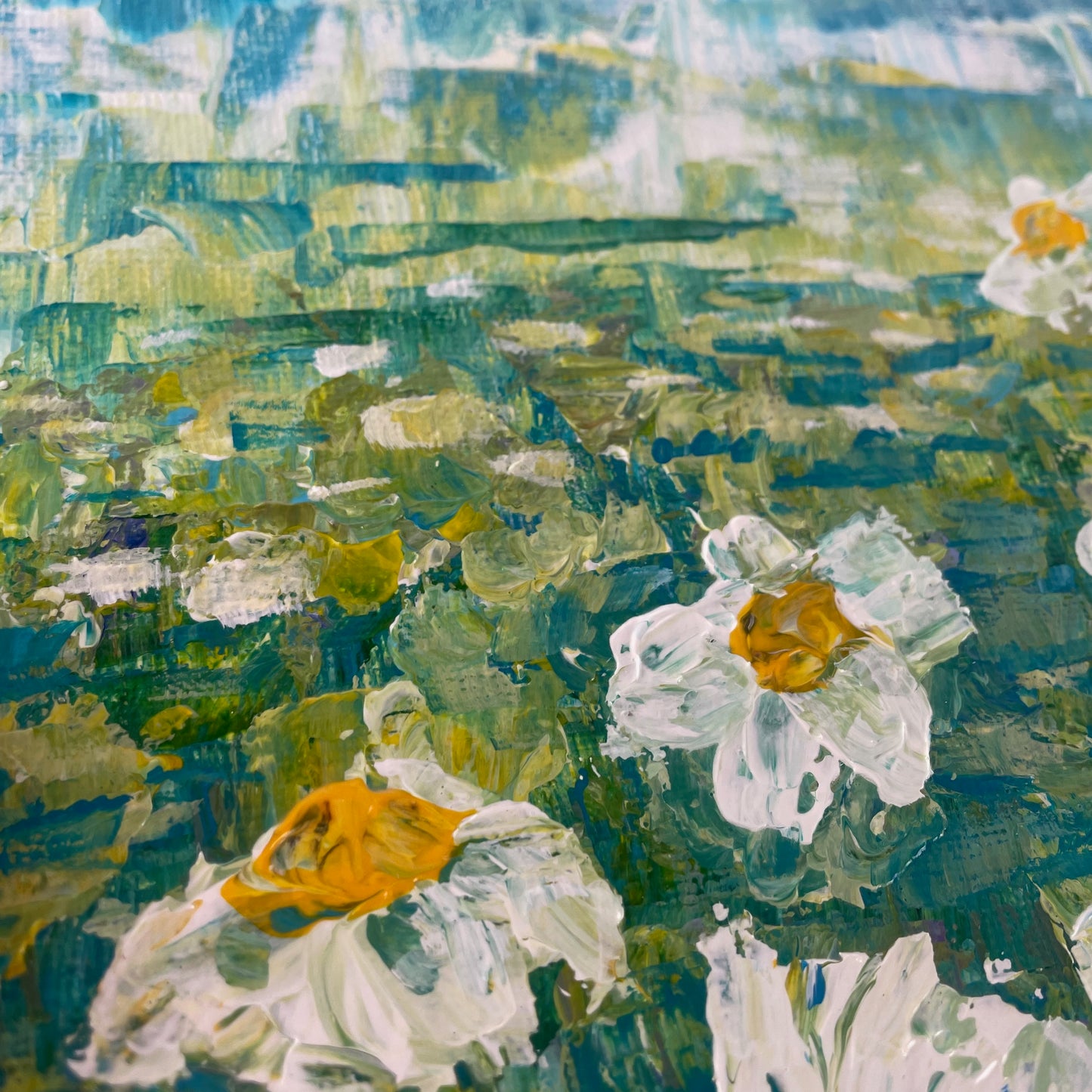 My painted garden. Daisies meadow... Optimistic original acrylic flowers landscape painting on canvas