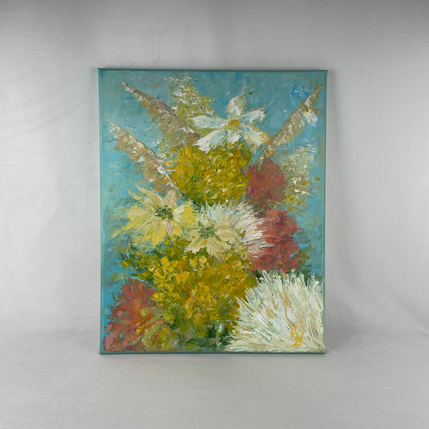 My painted garden. Yellow bouquet... Optimistic original large acrylic abstract flowers painting on canvas