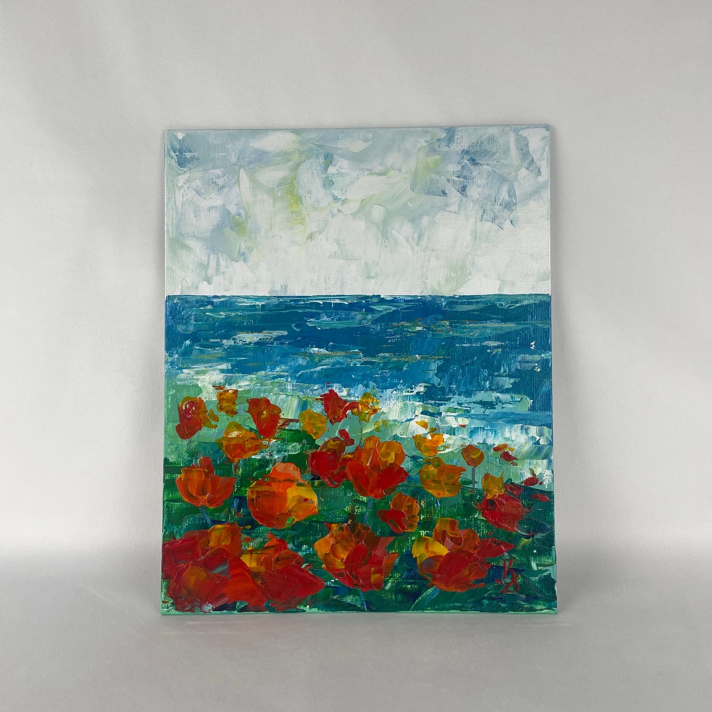 Flower wave. Californian poppies... Optimistic original acrylic abstract flowers landscape painting on canvas