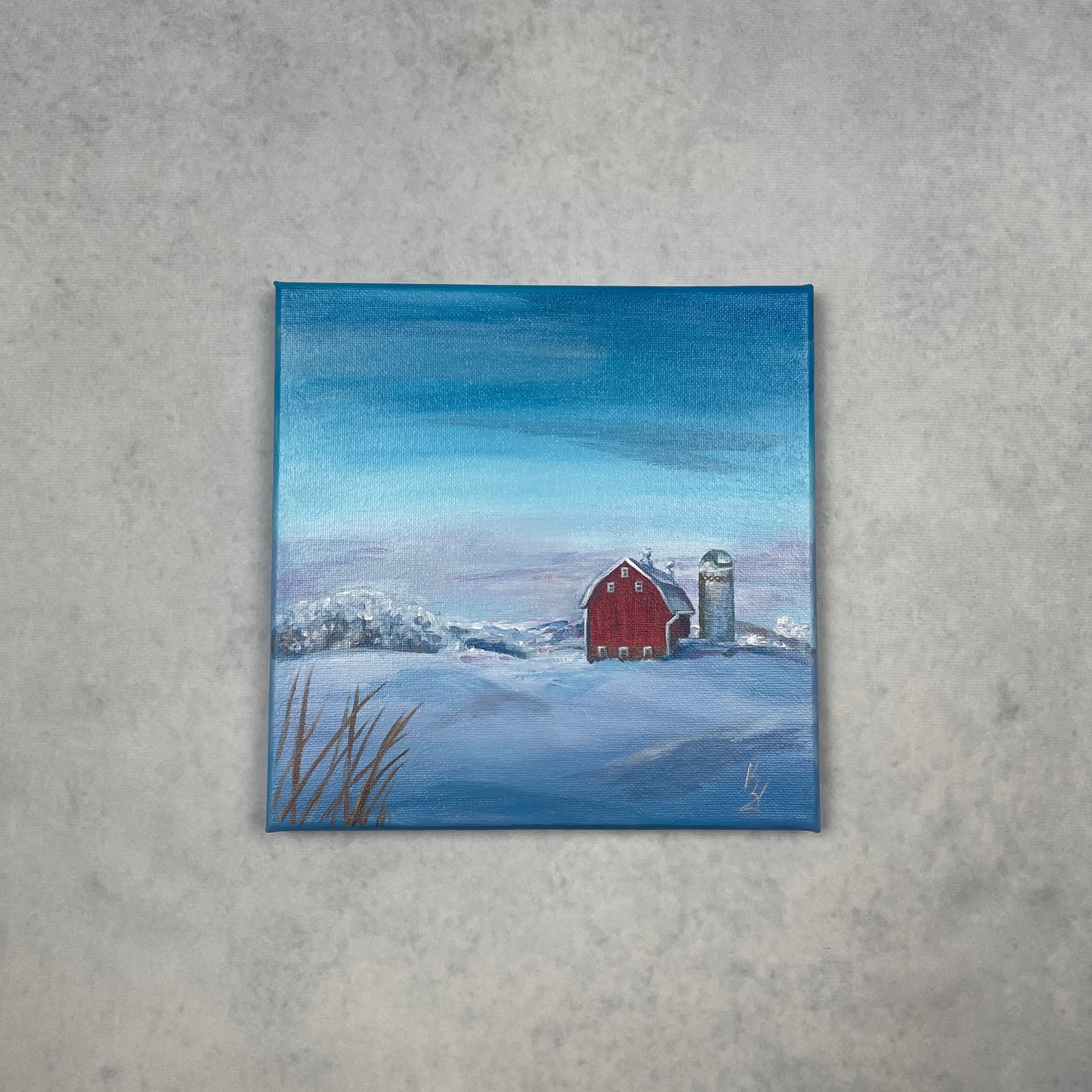 Red Barn in snowy hills... Original acrylic landscape painting on canvas