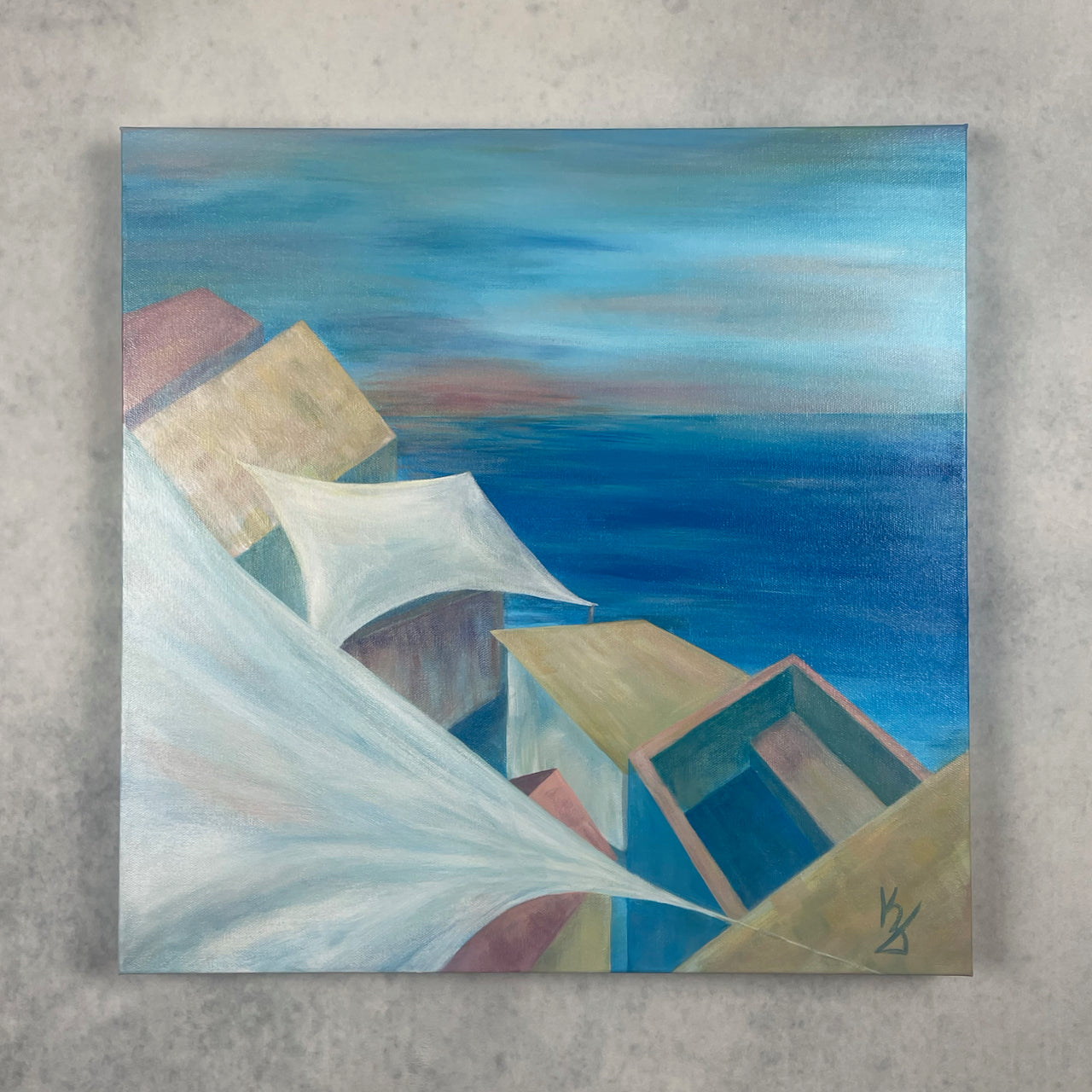 Pastel roofs shore... Art, decor, optimistic original signed large acrylic abstract seascape painting on gallery canvas