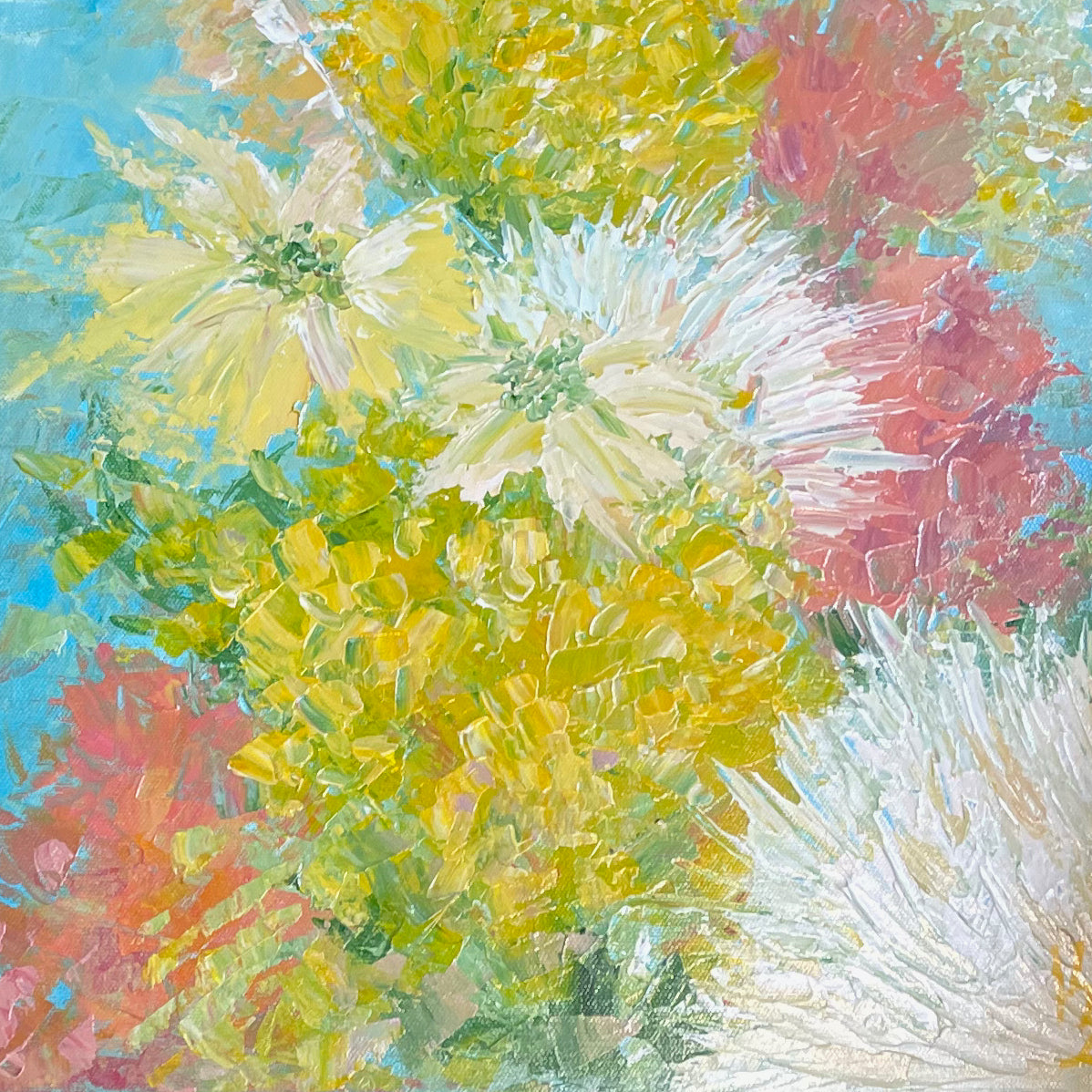 My painted garden. Yellow bouquet... Optimistic original large acrylic abstract flowers painting on canvas