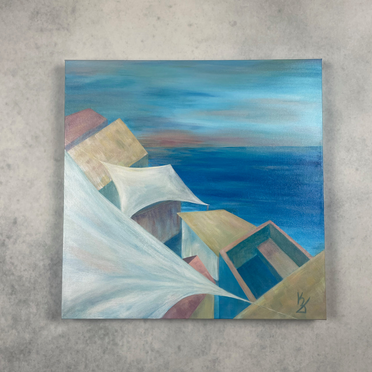 Pastel roofs shore... Art, decor, optimistic original signed large acrylic abstract seascape painting on gallery canvas