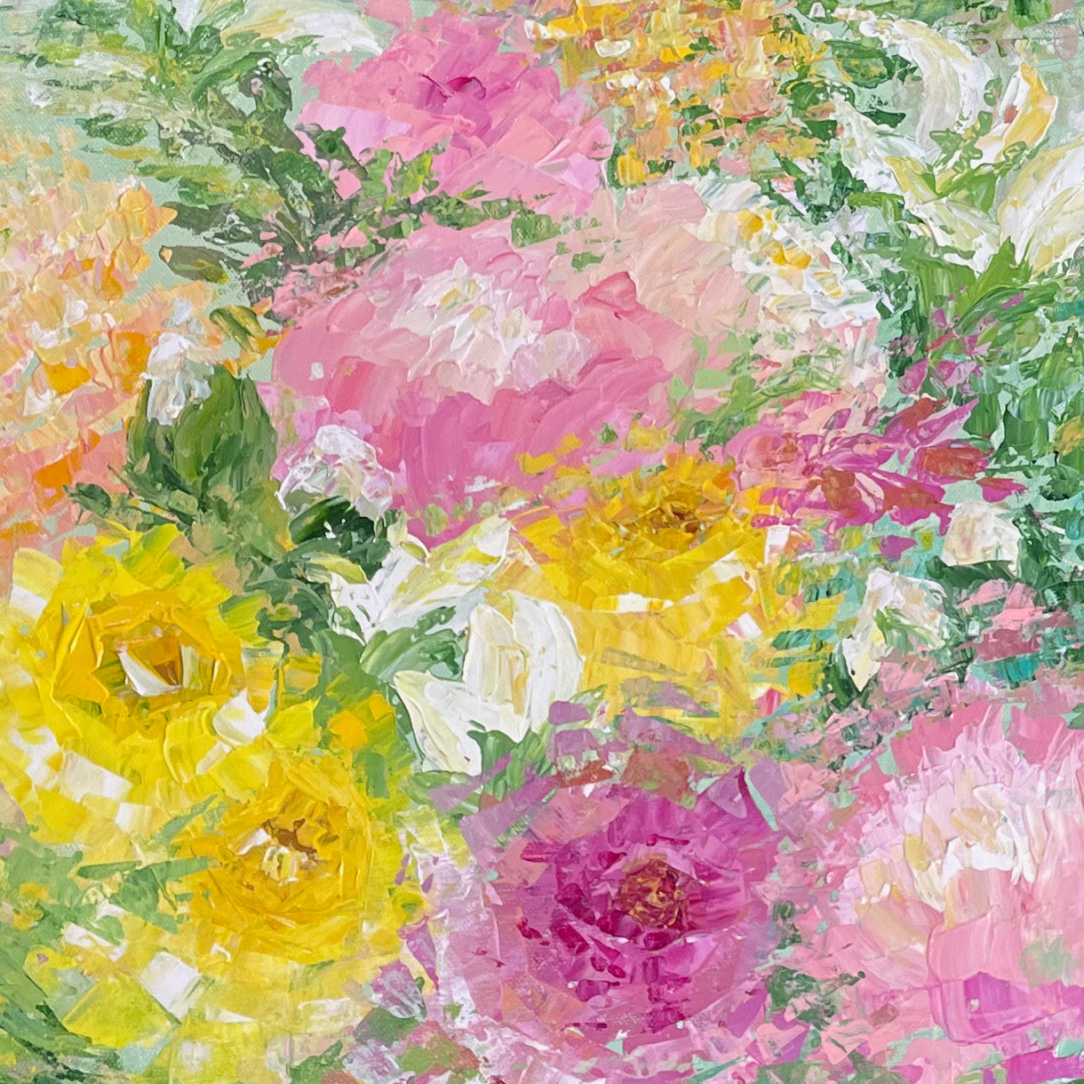 My painted garden. Pink bouquet... Optimistic original large acrylic abstract flowers painting on canvas