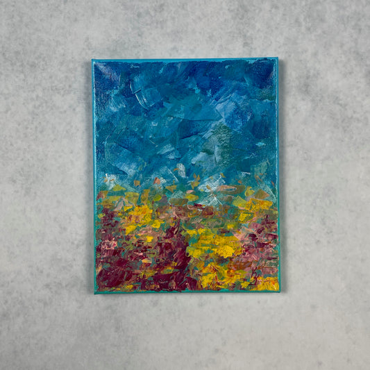 Flower wave. Bright yellow... Optimistic original acrylic flowers landscape painting on canvas