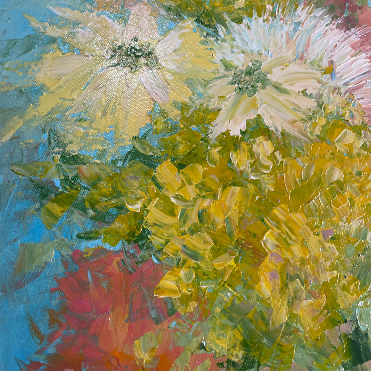 My painted garden. Yellow bouquet... Optimistic original large acrylic abstract flowers painting on canvas