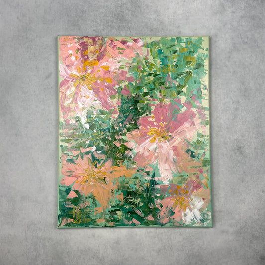 My painted garden. Pink splash. Optimistic original large acrylic abstract flowers painting on canvas