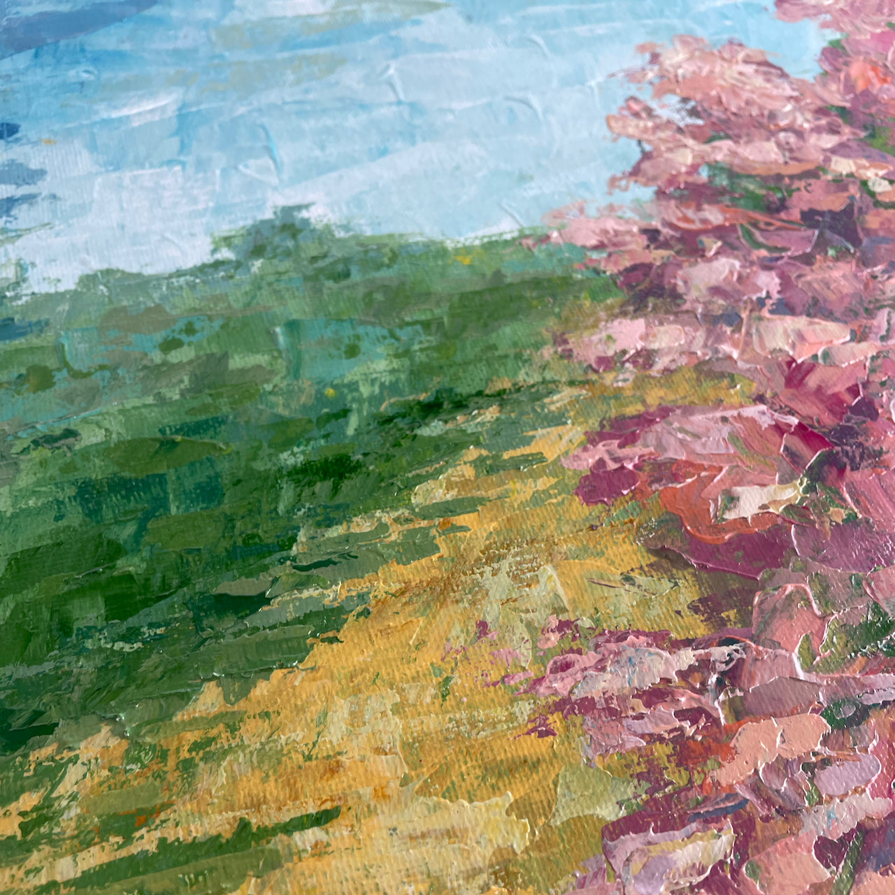 Blooming trail. Pink... Optimistic original large acrylic landscape painting on canvas