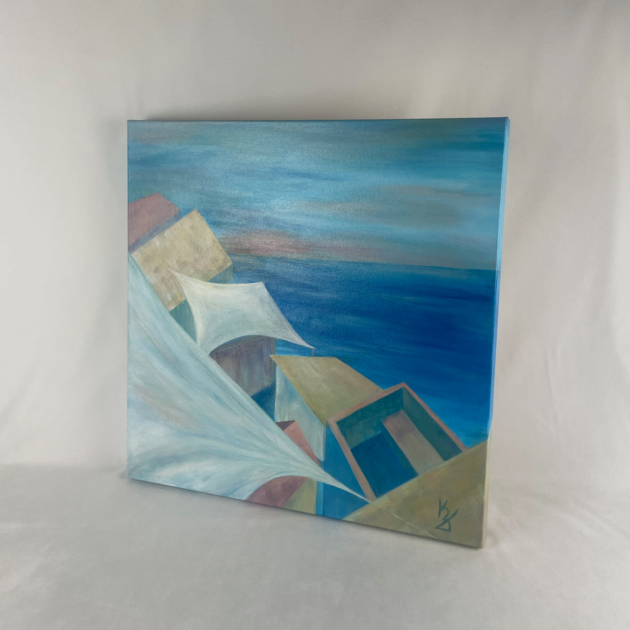 Pastel roofs shore... Art, decor, optimistic original signed large acrylic abstract seascape painting on gallery canvas