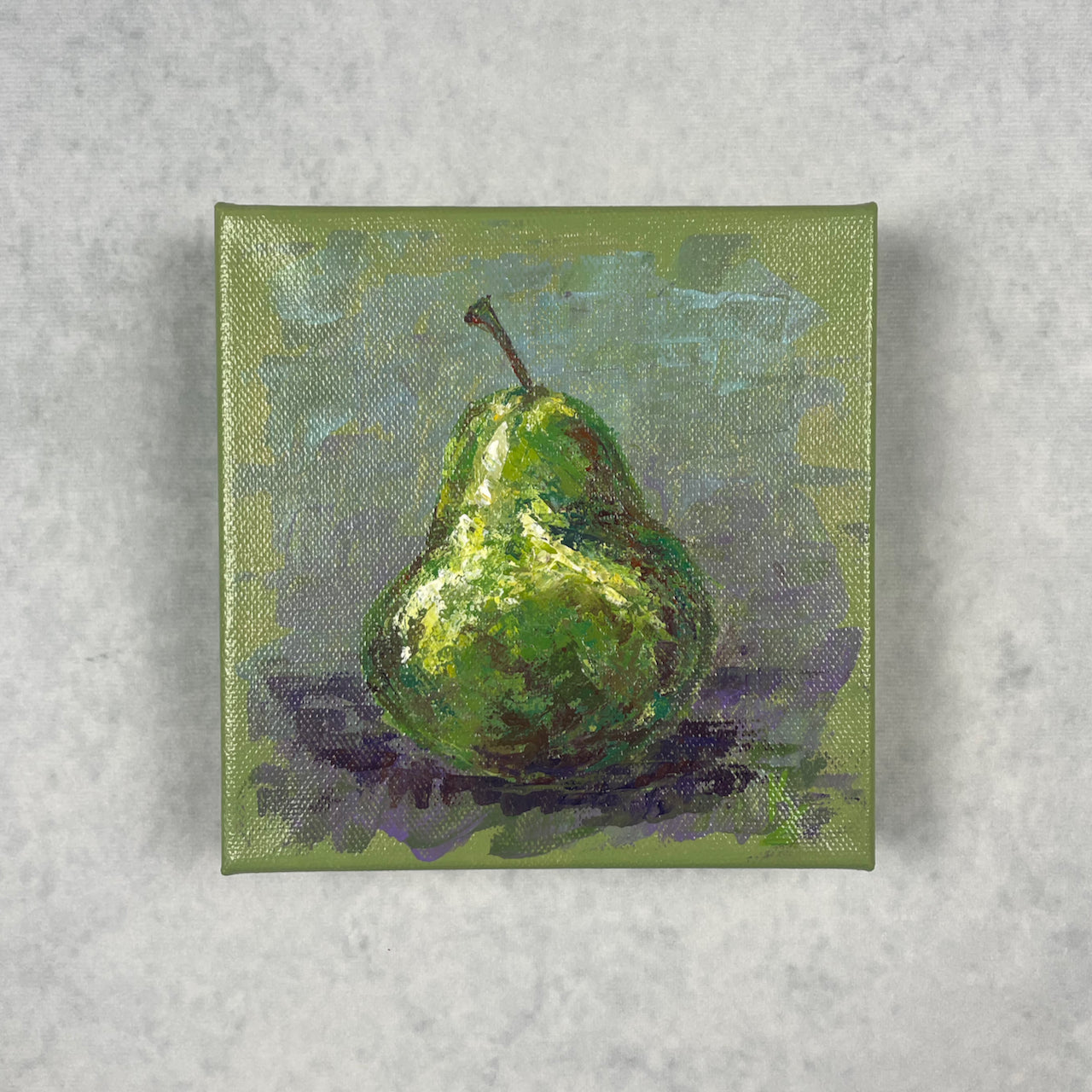 Pear. Green... Optimistic original small acrylic fruit painting on canvas