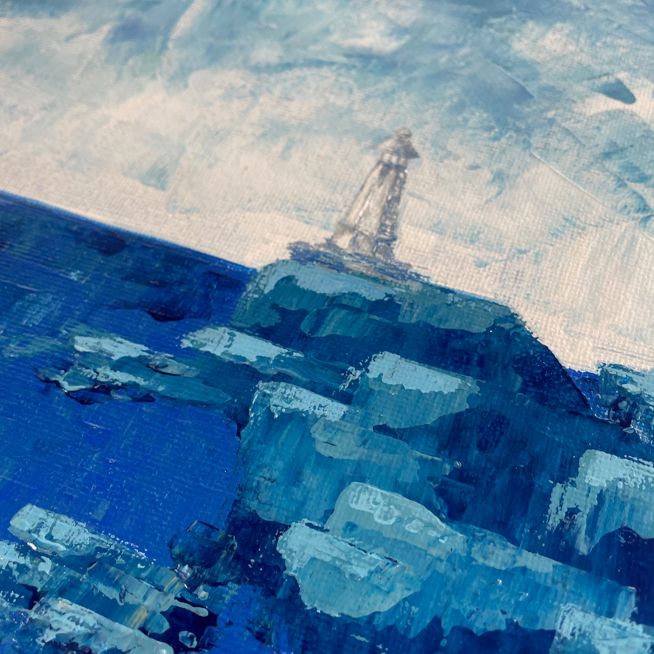 North shore. White lighthouse... Original acrylic abstract seascape with lighthouse painting on canvas