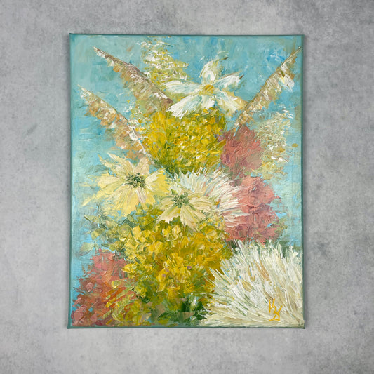 My painted garden. Yellow bouquet... Optimistic original large acrylic abstract flowers painting on canvas