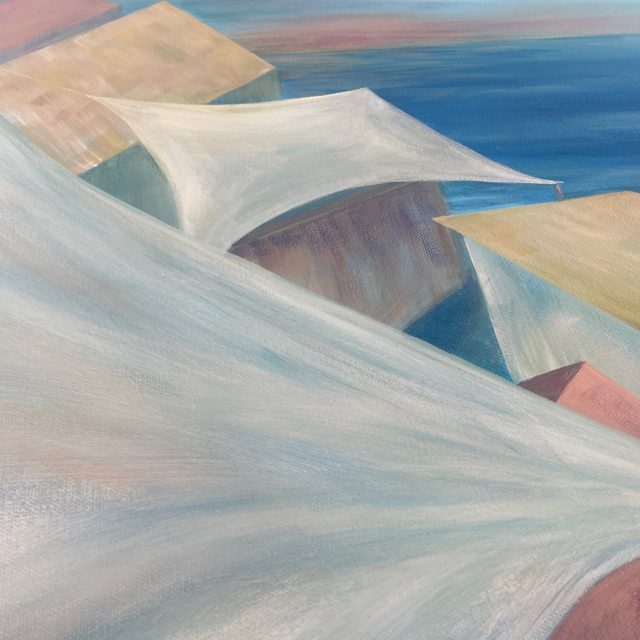 Pastel roofs shore... Art, decor, optimistic original signed large acrylic abstract seascape painting on gallery canvas