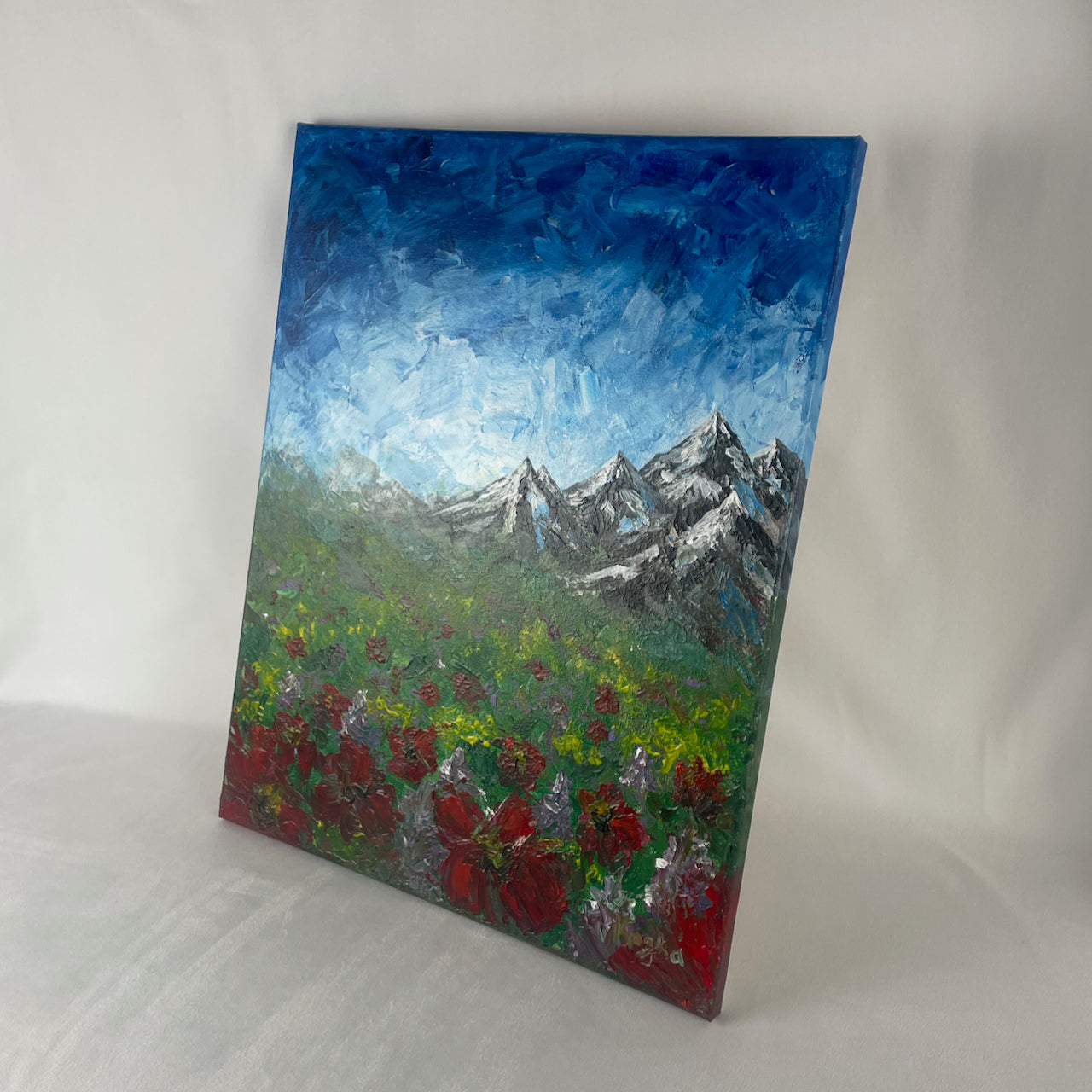 Mountain flowers... Original large acrylic landscape  painting on canvas