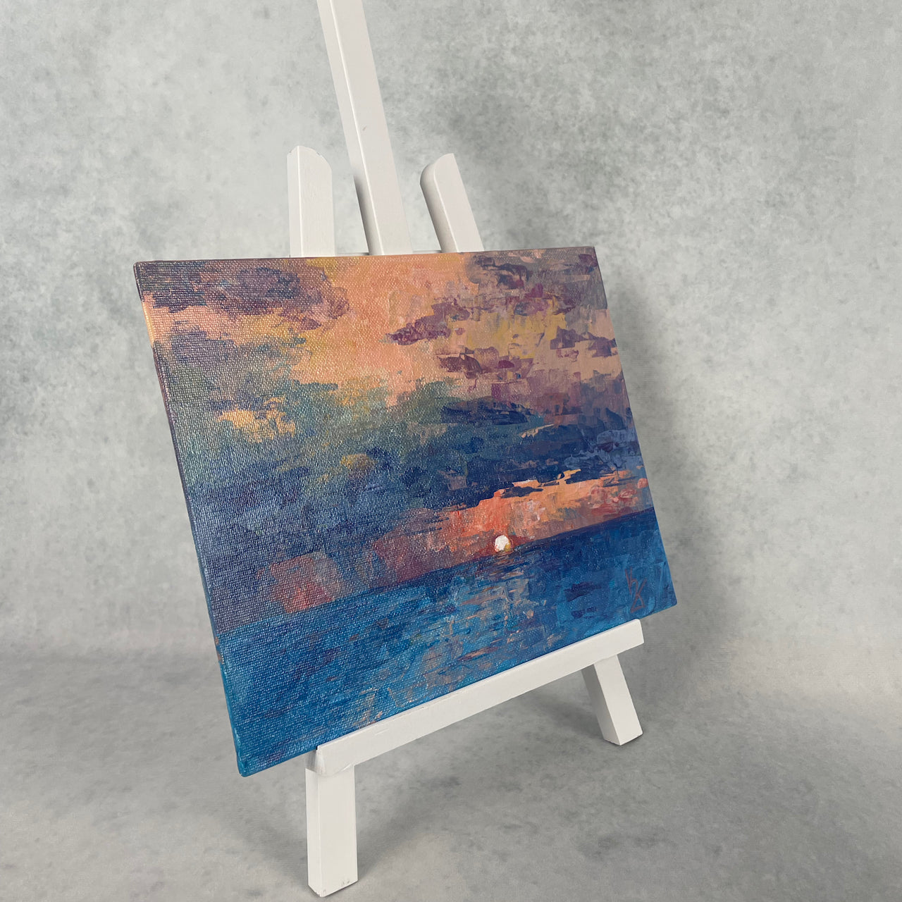 Shore sunset. Pinky orange... Optimistic original acrylic abstract landscape painting on canvas