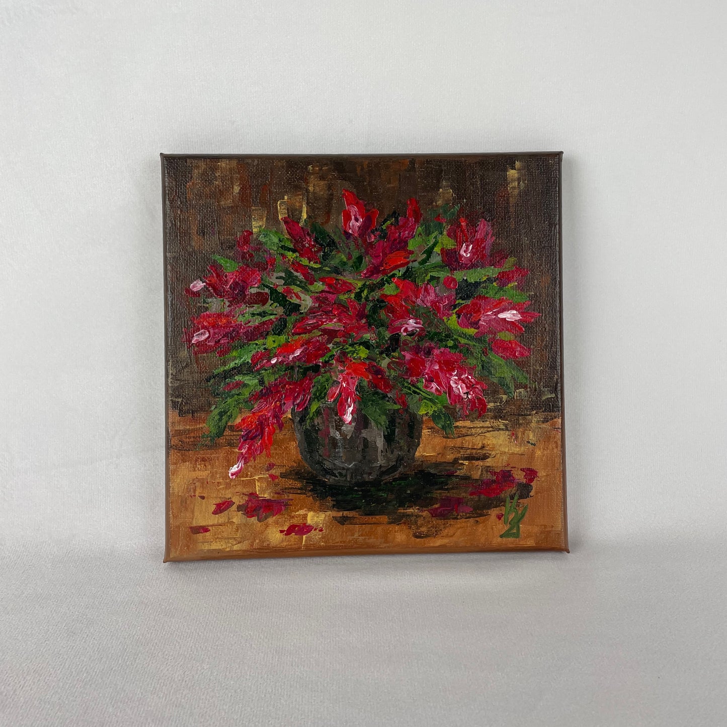 Christmas crimson cactus... Optimistic original acrylic plant painting on canvas, Christmas decor, gift