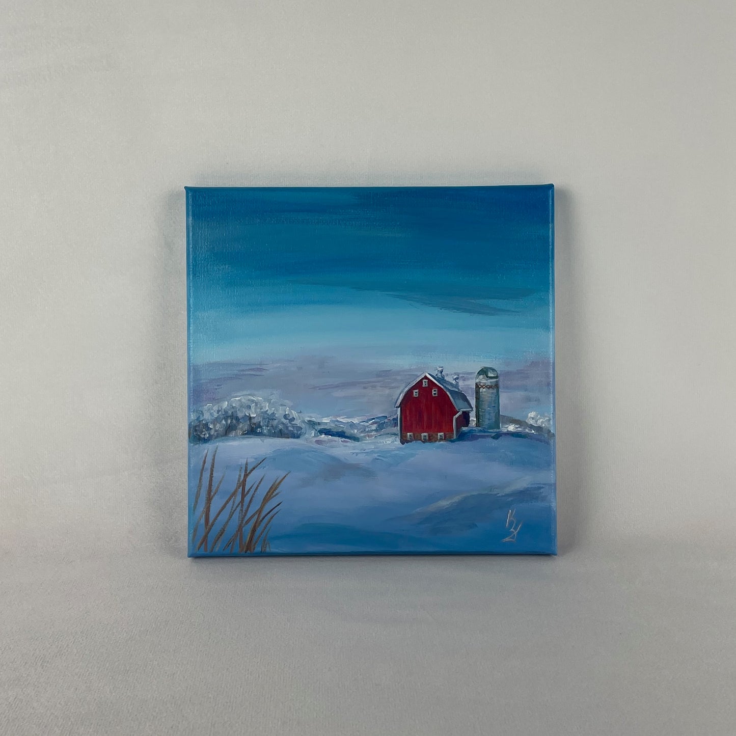 Red Barn in snowy hills... Original acrylic landscape painting on canvas