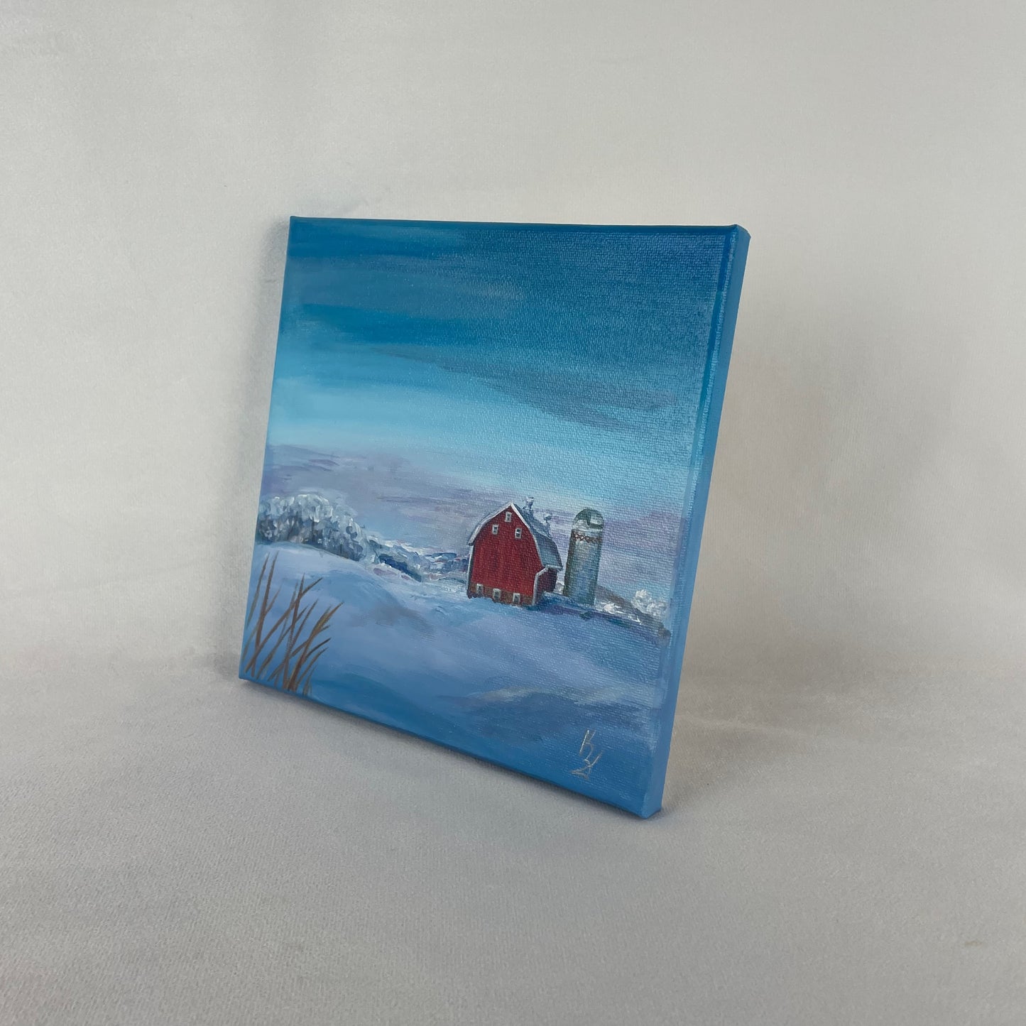 Red Barn in snowy hills... Original acrylic landscape painting on canvas