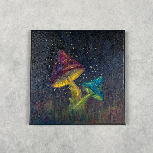 Glowing mushrooms... Optimistic original acrylic fairy magic neon mushrooms painting on canvas