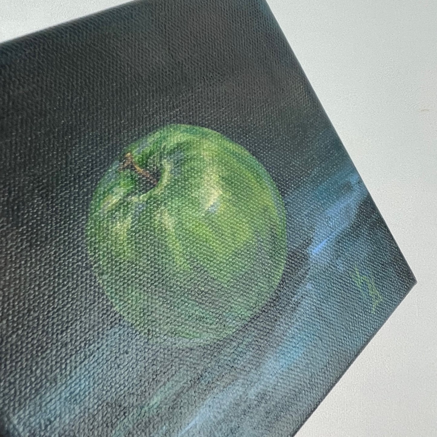 Granny apple. Slate... Optimistic original small acrylic fruit painting on canvas