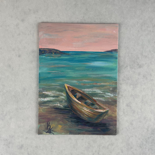 Teal waters. Boat... Original acrylic seascape painting on canvas