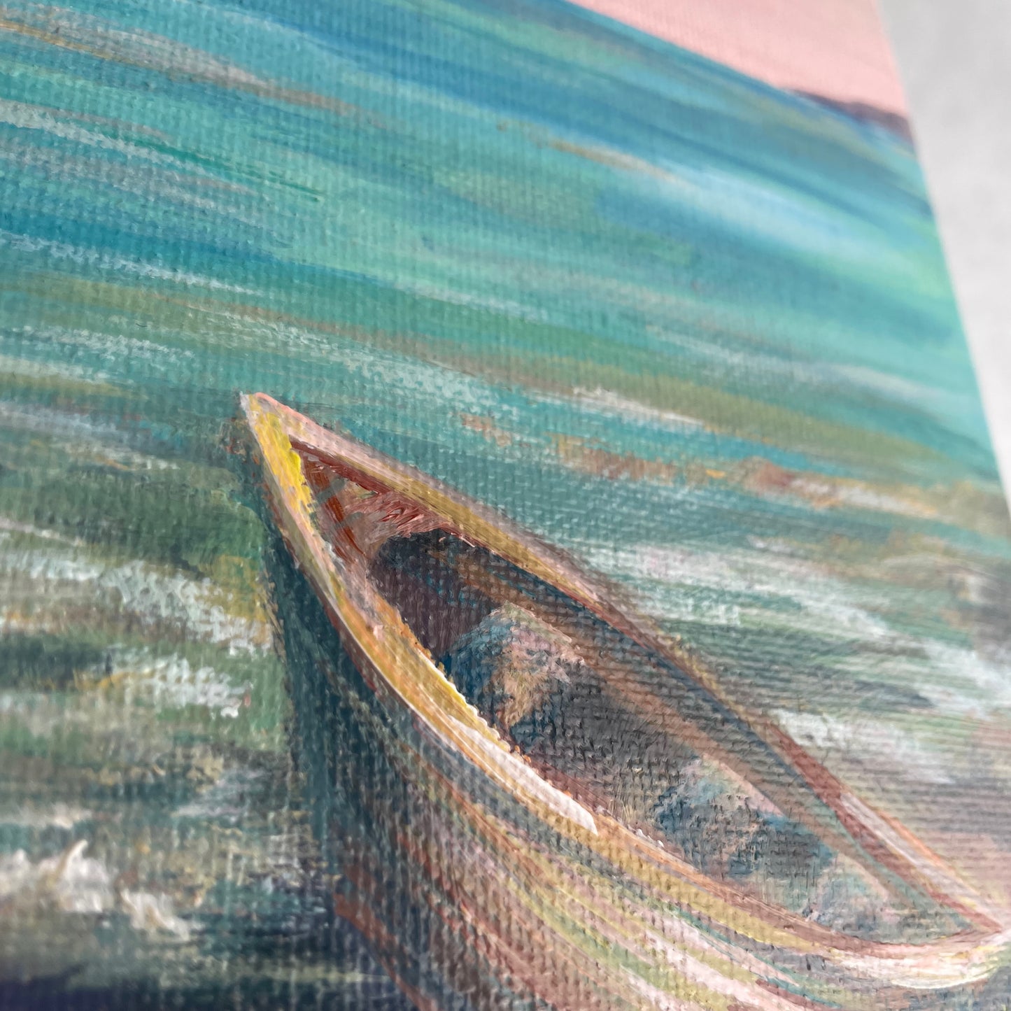 Teal waters. Boat... Original acrylic seascape painting on canvas