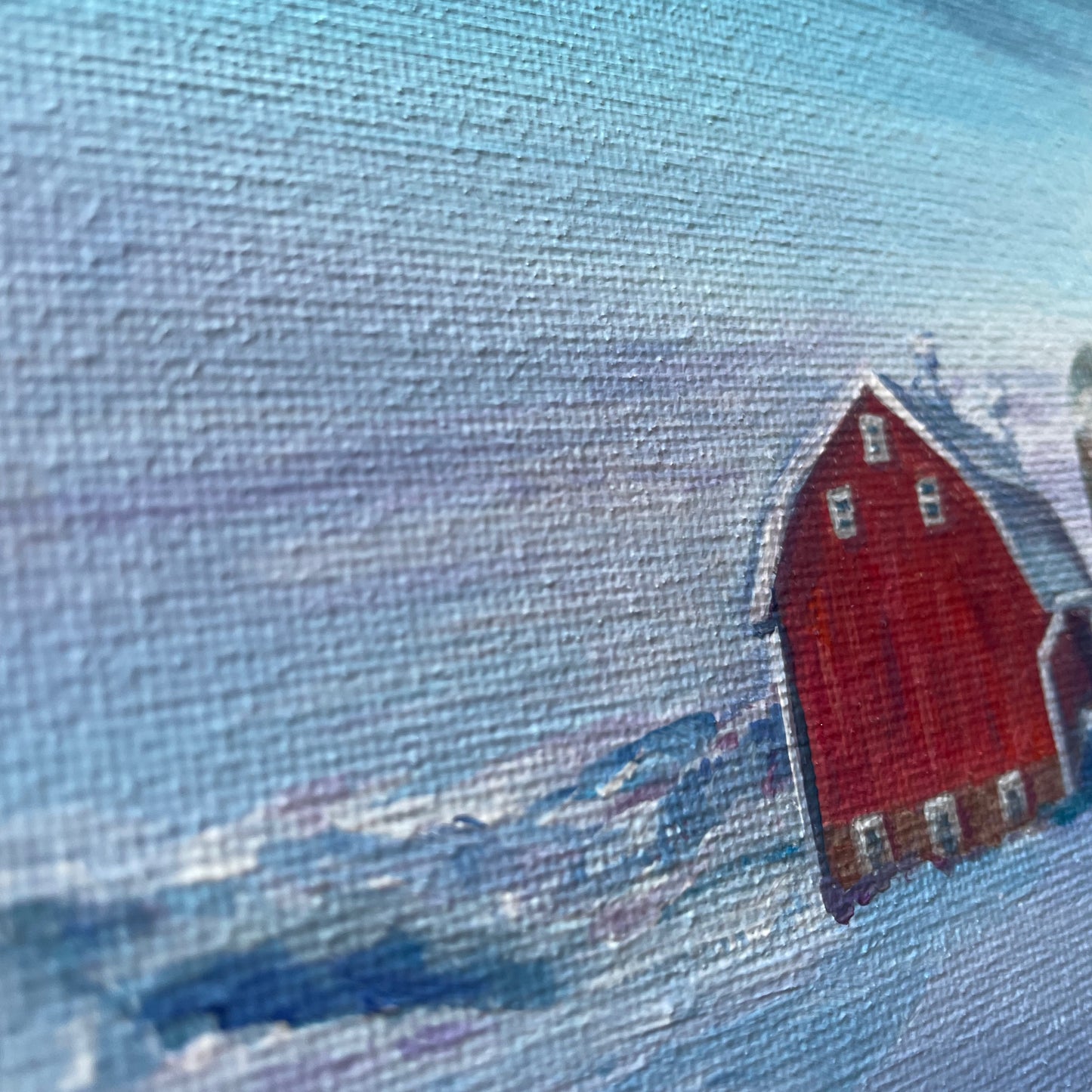 Red Barn in snowy hills. Print