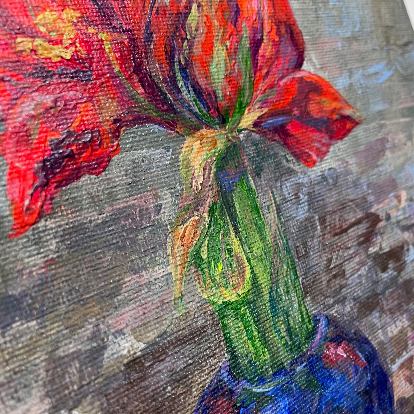 Amaryllis. Blue... Optimistic original acrylic plant painting on canvas, Christmas decor