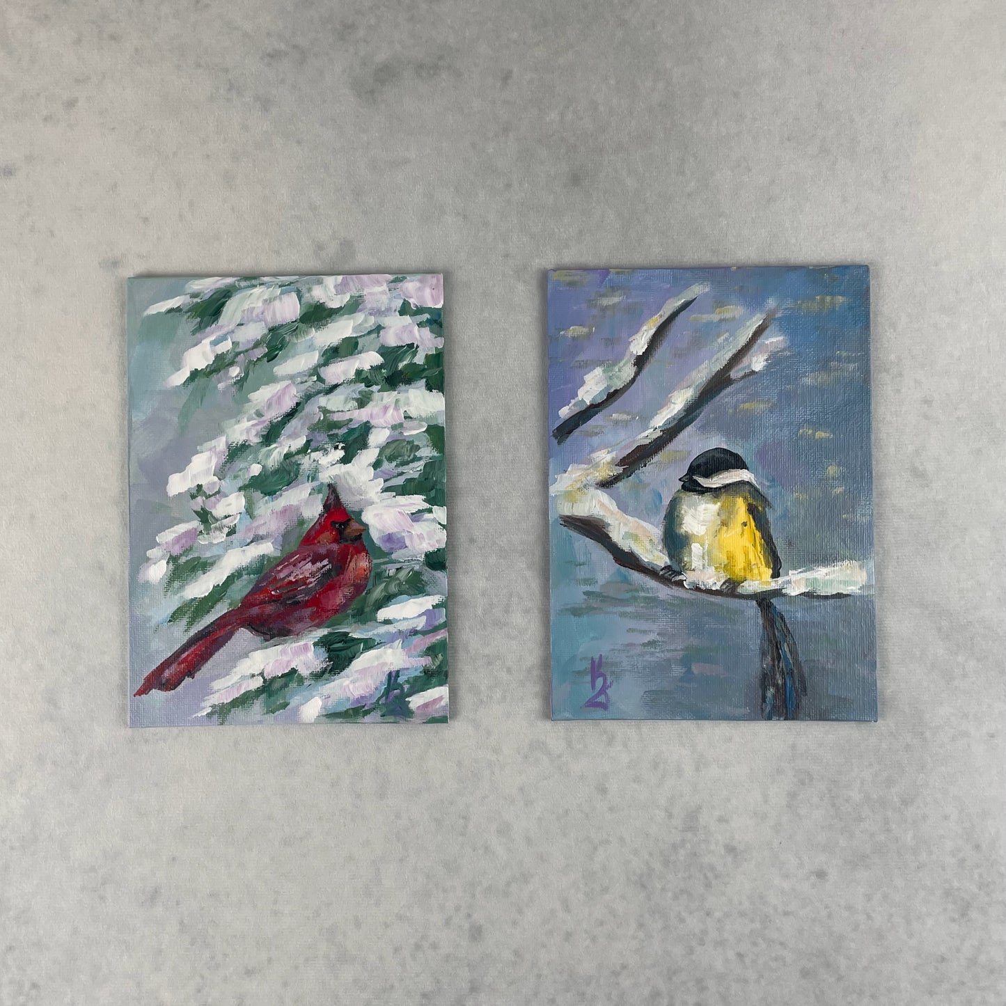 Snow birds... Art set, decor, optimistic original paintings on canvas, cardinal, chickadee,Christmas gift