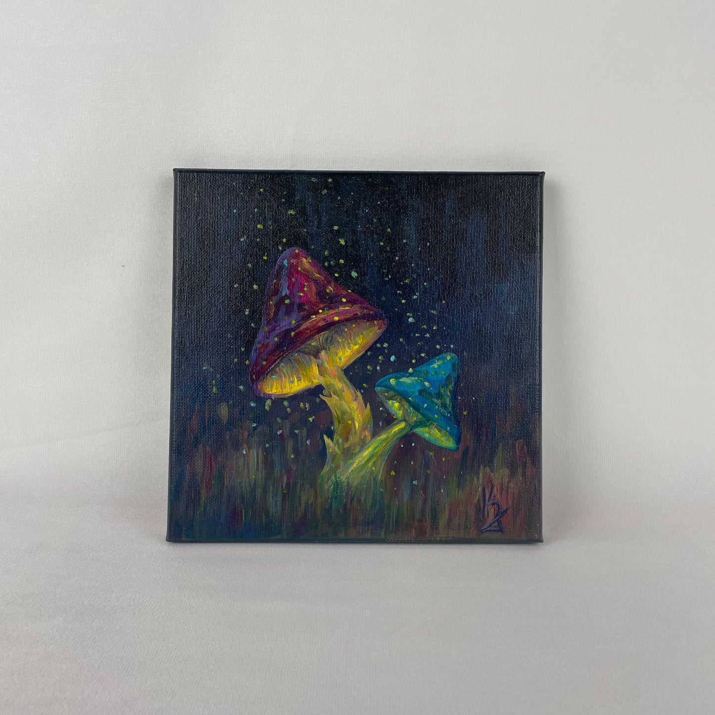 Glowing mushrooms... Optimistic original acrylic fairy magic neon mushrooms painting on canvas