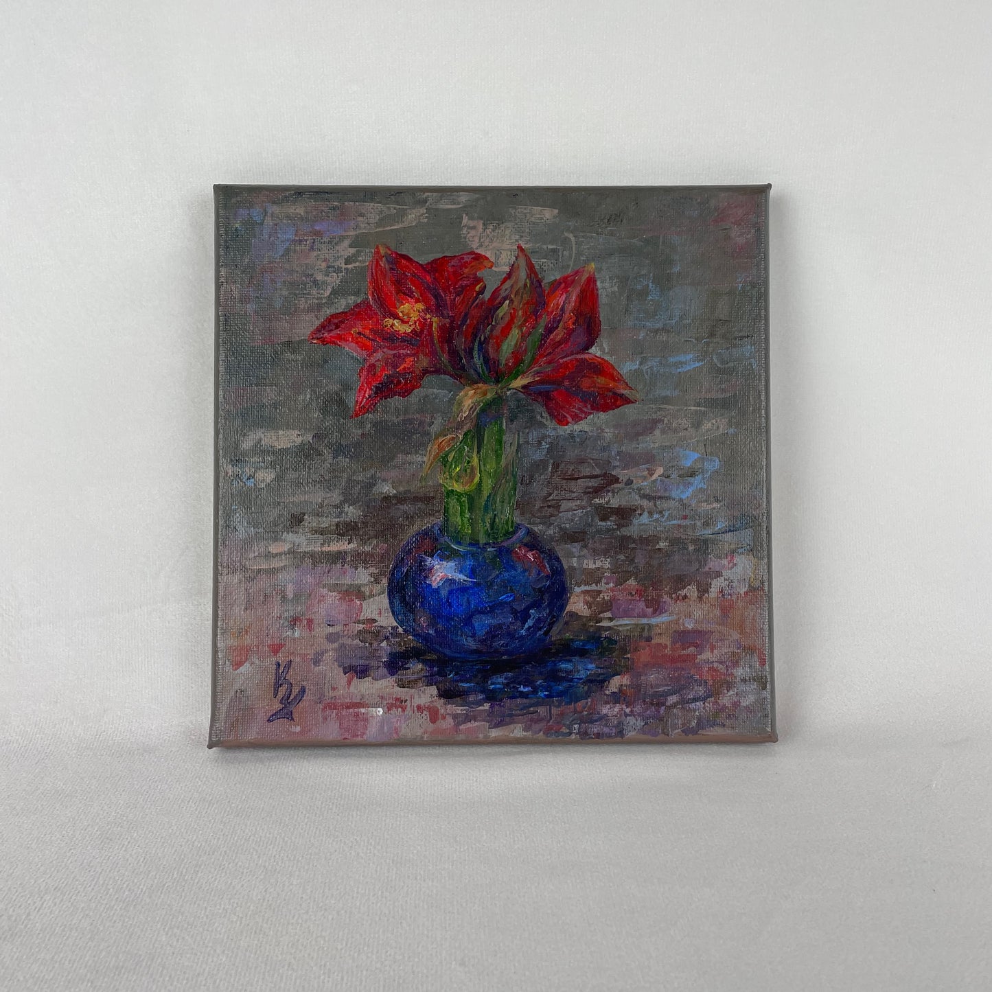 Amaryllis. Blue... Optimistic original acrylic plant painting on canvas, Christmas decor