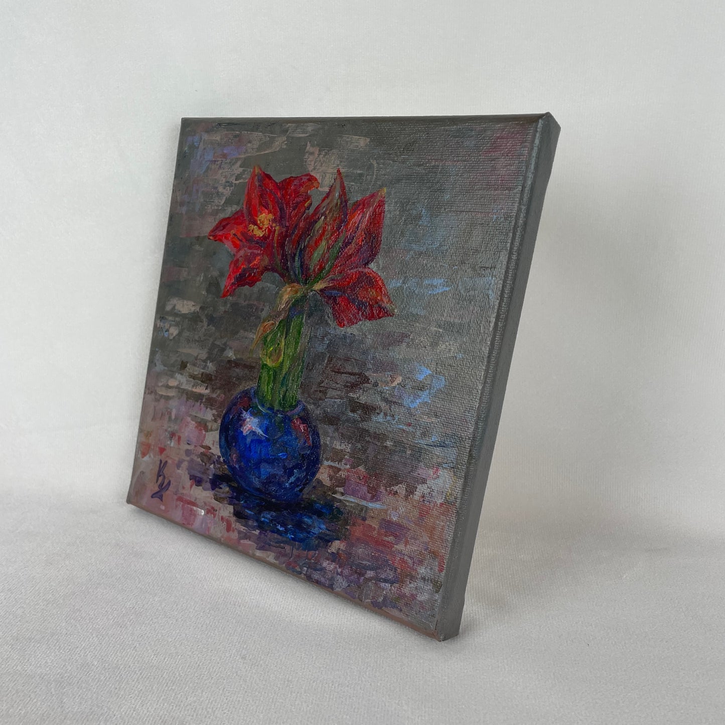 Amaryllis. Blue... Optimistic original acrylic plant painting on canvas, Christmas decor