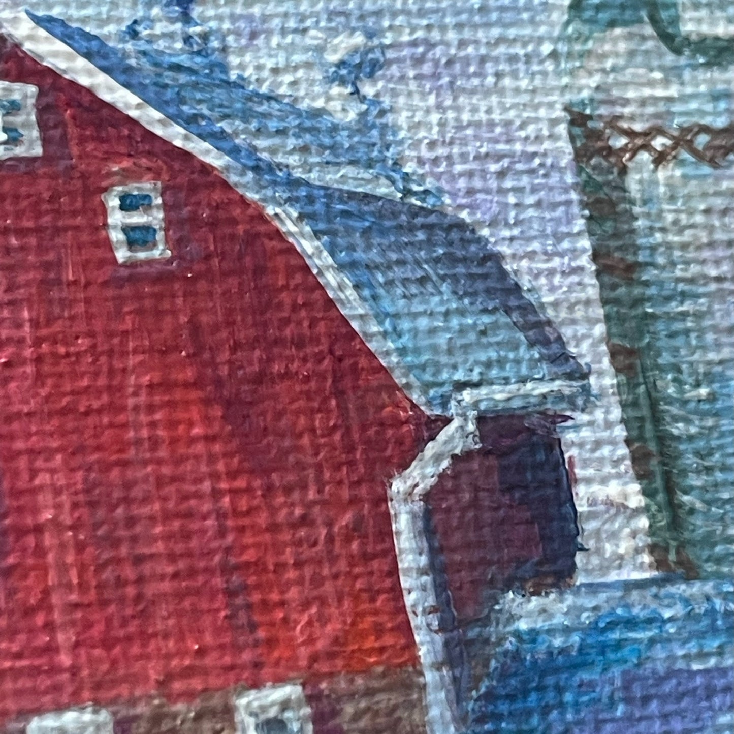 Red Barn in snowy hills... Original acrylic landscape painting on canvas