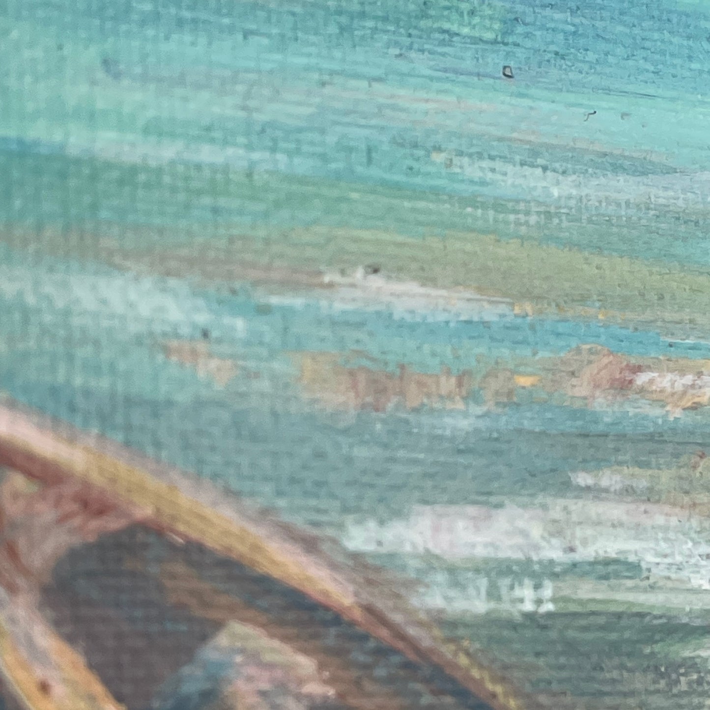 Teal waters. Boat... Original acrylic seascape painting on canvas