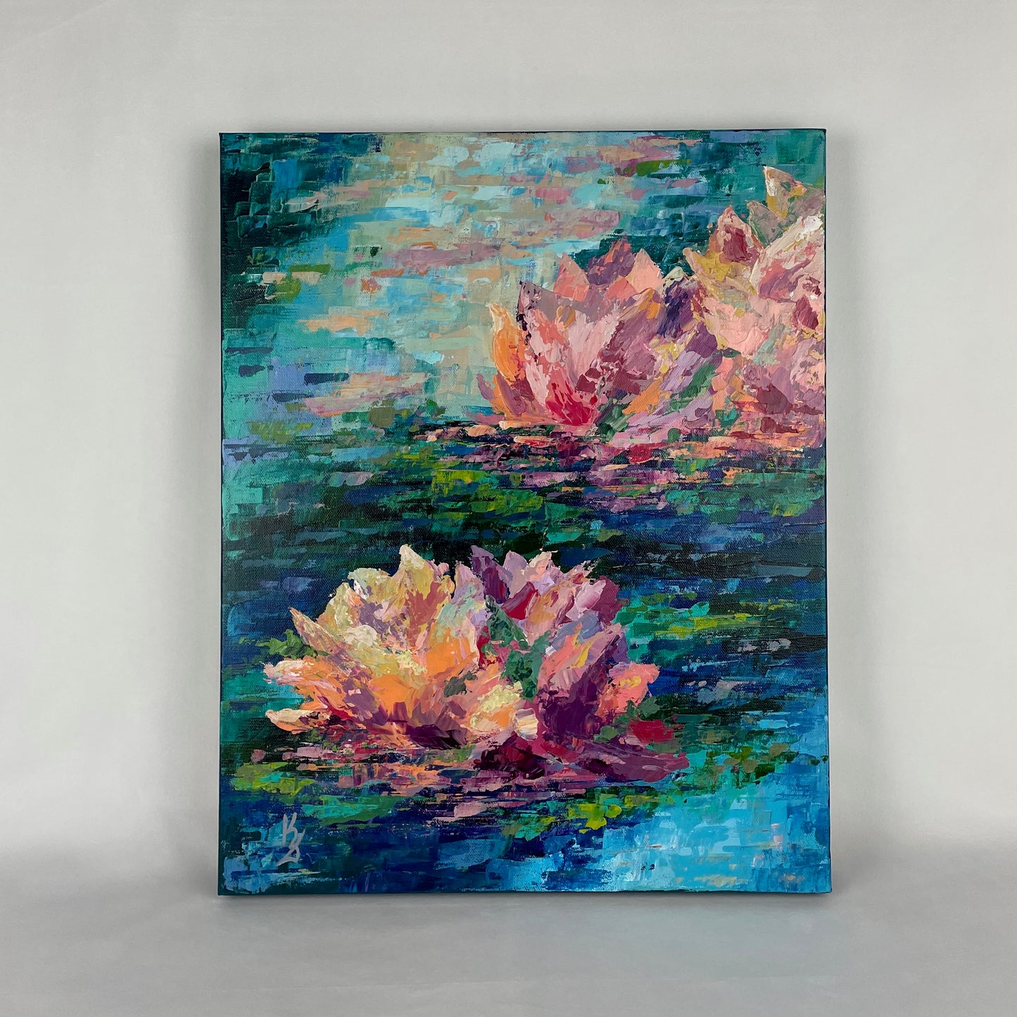 Lily pond. Cyan blue... Optimistic original large acrylic abstract flowers painting on canvas