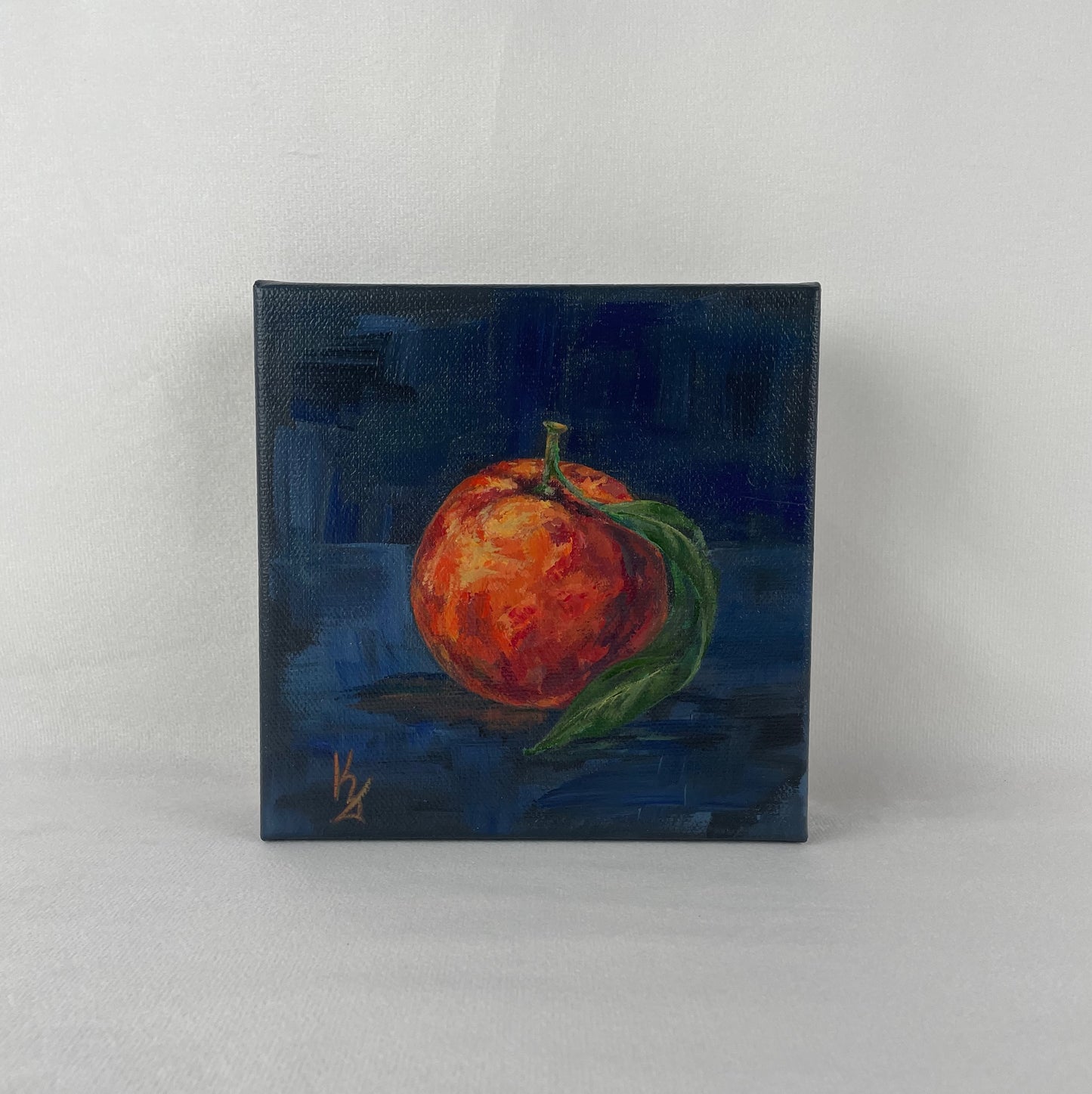 Orange. Indigo... Optimistic original small acrylic fruit painting on canvas