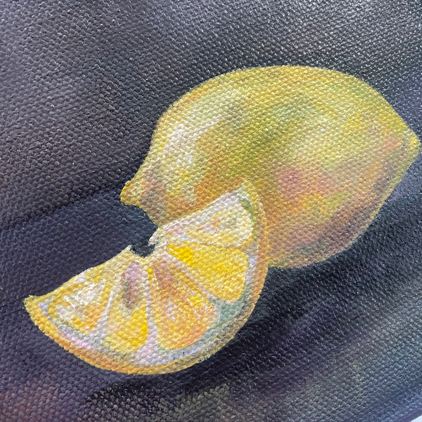 Lemon. Slate... Art, decor, optimistic original signed small acrylic fruit painting on canvas