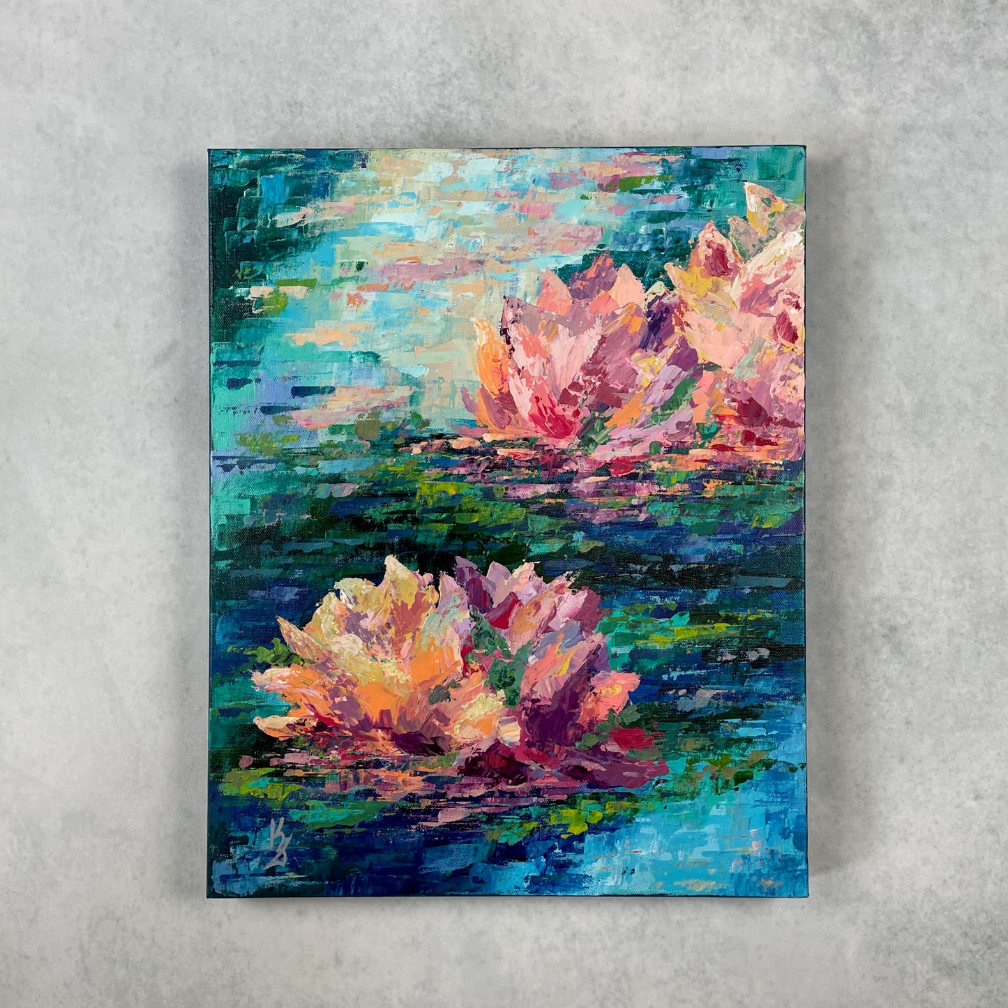 Lily pond. Cyan blue... Optimistic original large acrylic abstract flowers painting on canvas