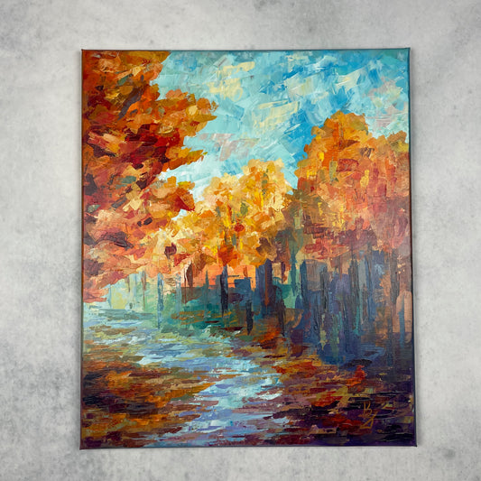 Gold under your feet... Optimistic original large acrylic abstract fall forest landscaping painting on canvas