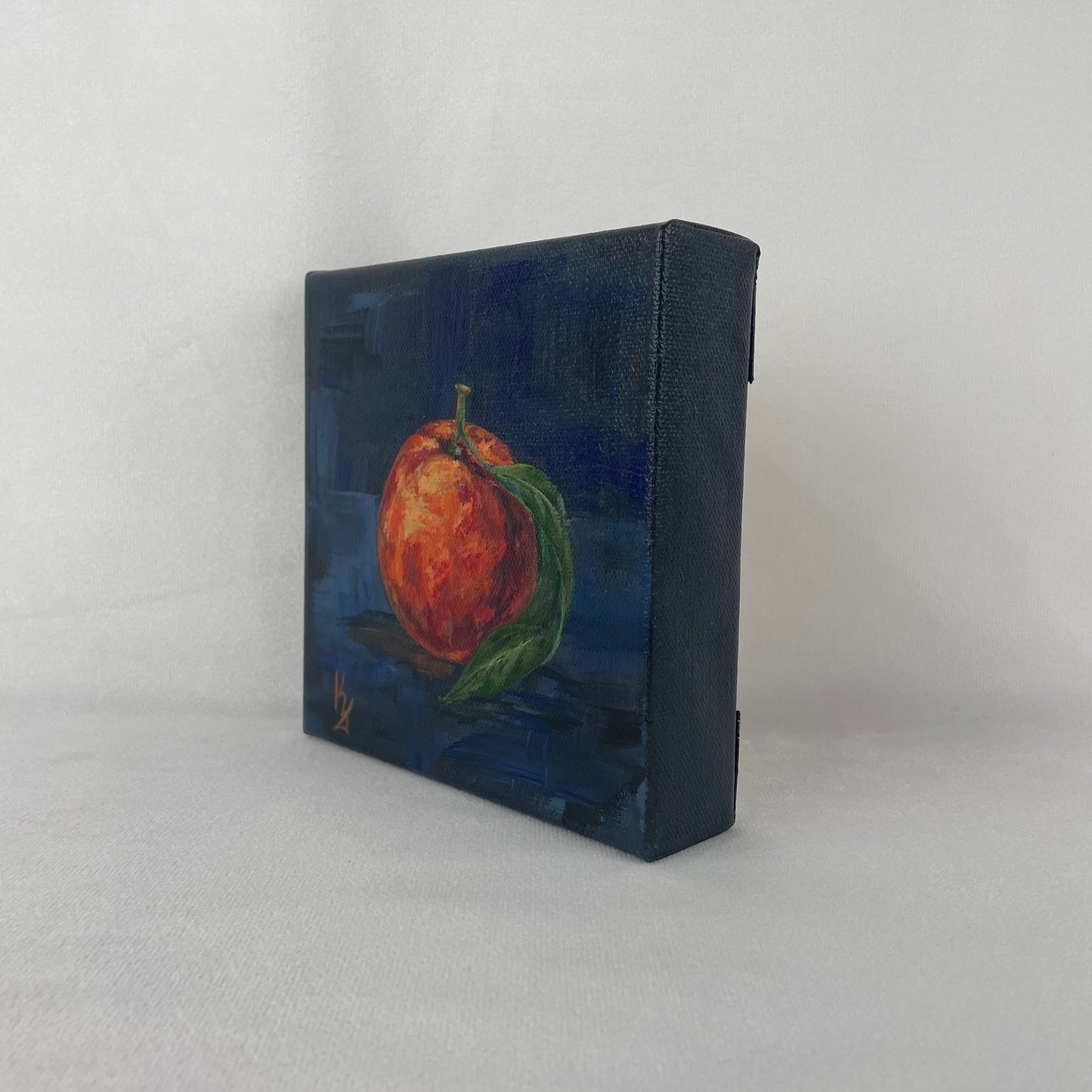 Orange. Indigo... Optimistic original small acrylic fruit painting on canvas