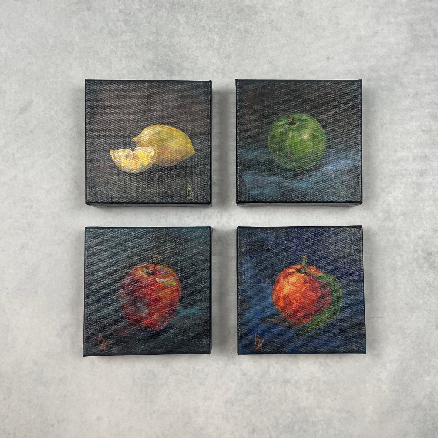 Granny apple. Slate... Optimistic original small acrylic fruit painting on canvas