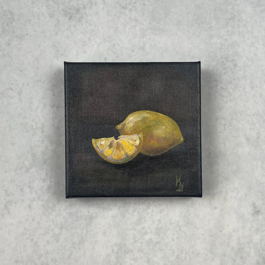 Lemon. Slate... Optimistic original small acrylic fruit painting on canvas