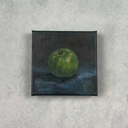 Granny apple. Slate... Optimistic original small acrylic fruit painting on canvas