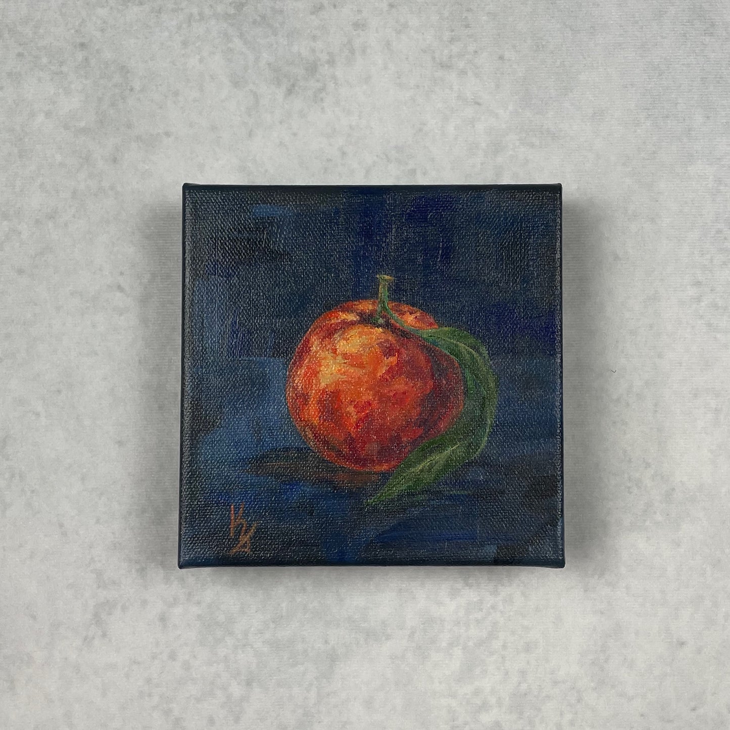 Orange. Indigo... Optimistic original small acrylic fruit painting on canvas