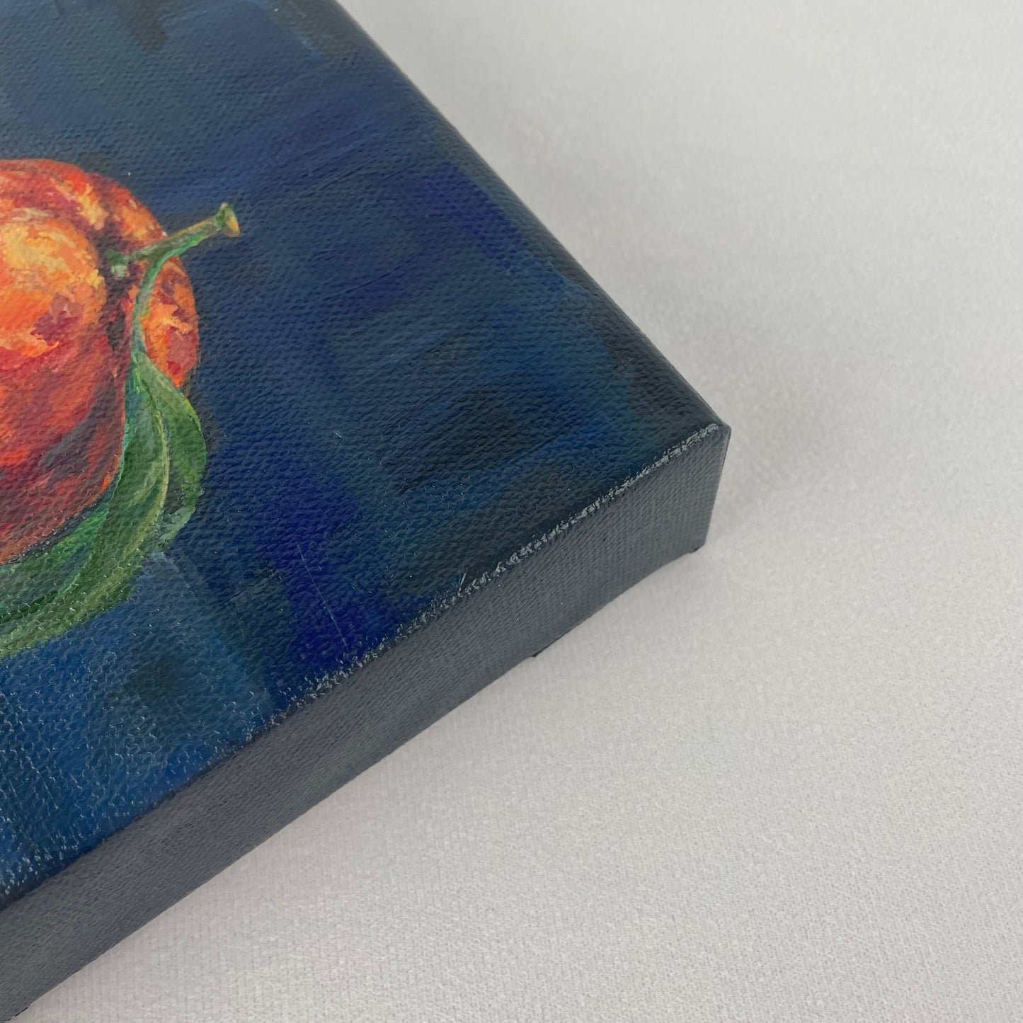 Orange. Indigo... Optimistic original small acrylic fruit painting on canvas