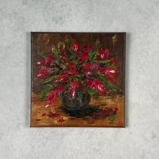 Christmas crimson cactus... Optimistic original acrylic plant painting on canvas, Christmas decor, gift